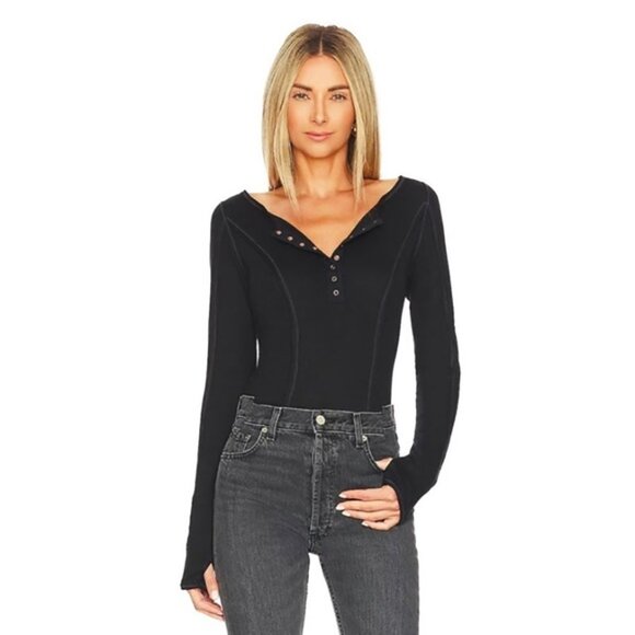 Free PEOPLE Black Sloane Button Front Bodysuit size Medium - Picture 1 of 10
